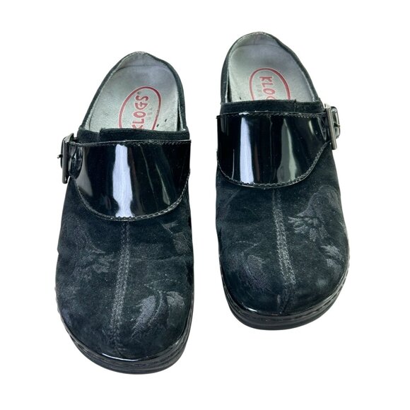 KLOGS Black Floral Leather Clogs Women's 7.5 Slip On Buckle Suede Arch Support - Picture 3 of 16